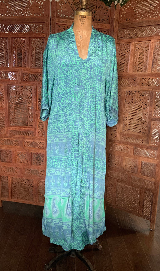 Silk Dress and Kimono Set - Blue Green