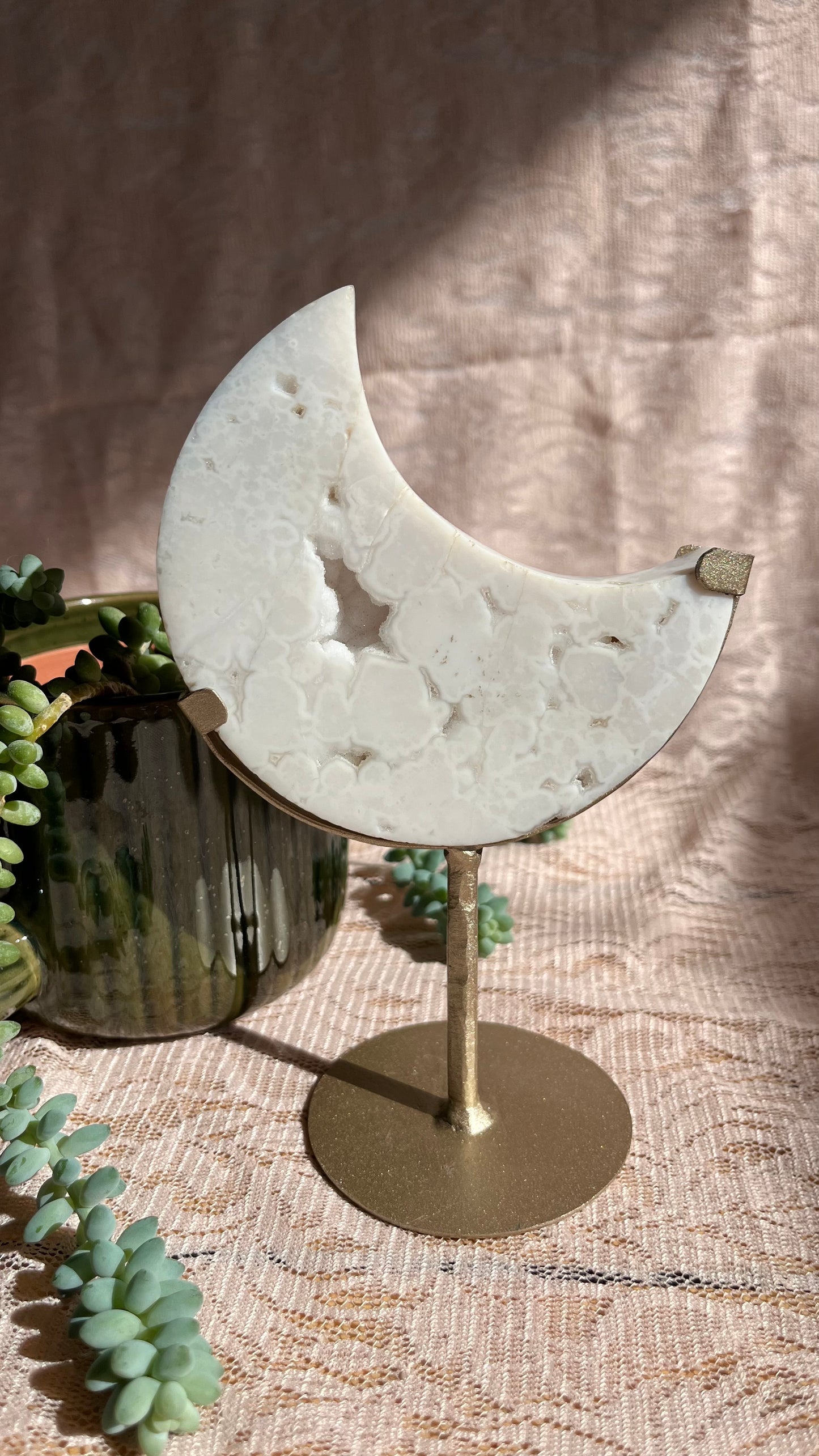 White Moon Agate with Gold Stand