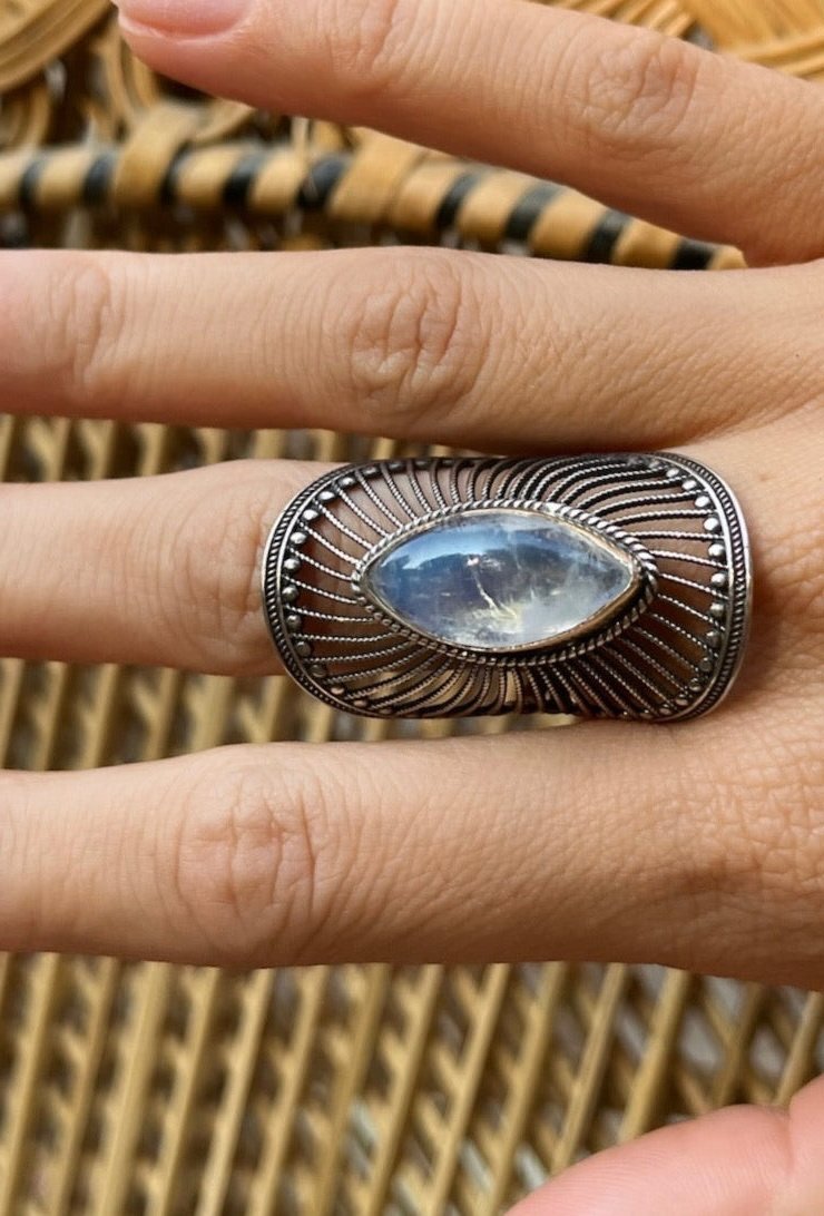 Moonstone Sunburst Shield Sterling Silver Ring