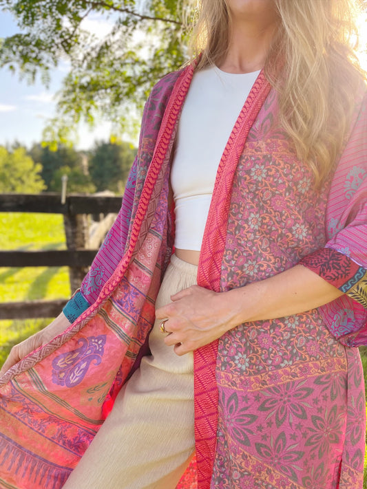 Double Lined Silk Kimono - Mixed Pink