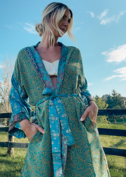 Double Lined Silk Kimono - Mixed Blue